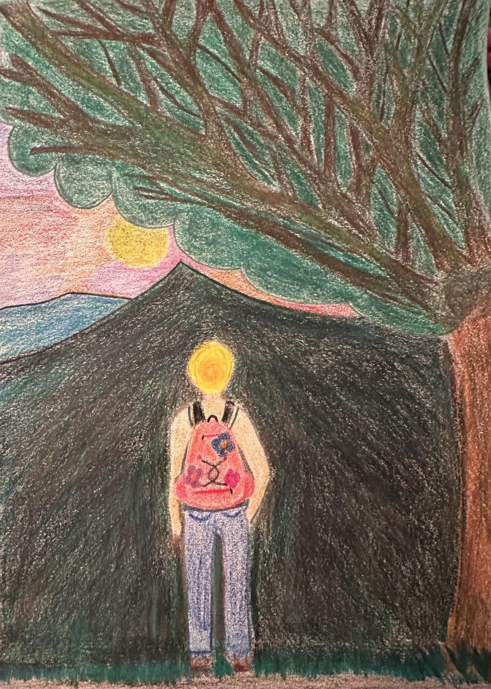 tree, sunset, mountain, self portrait